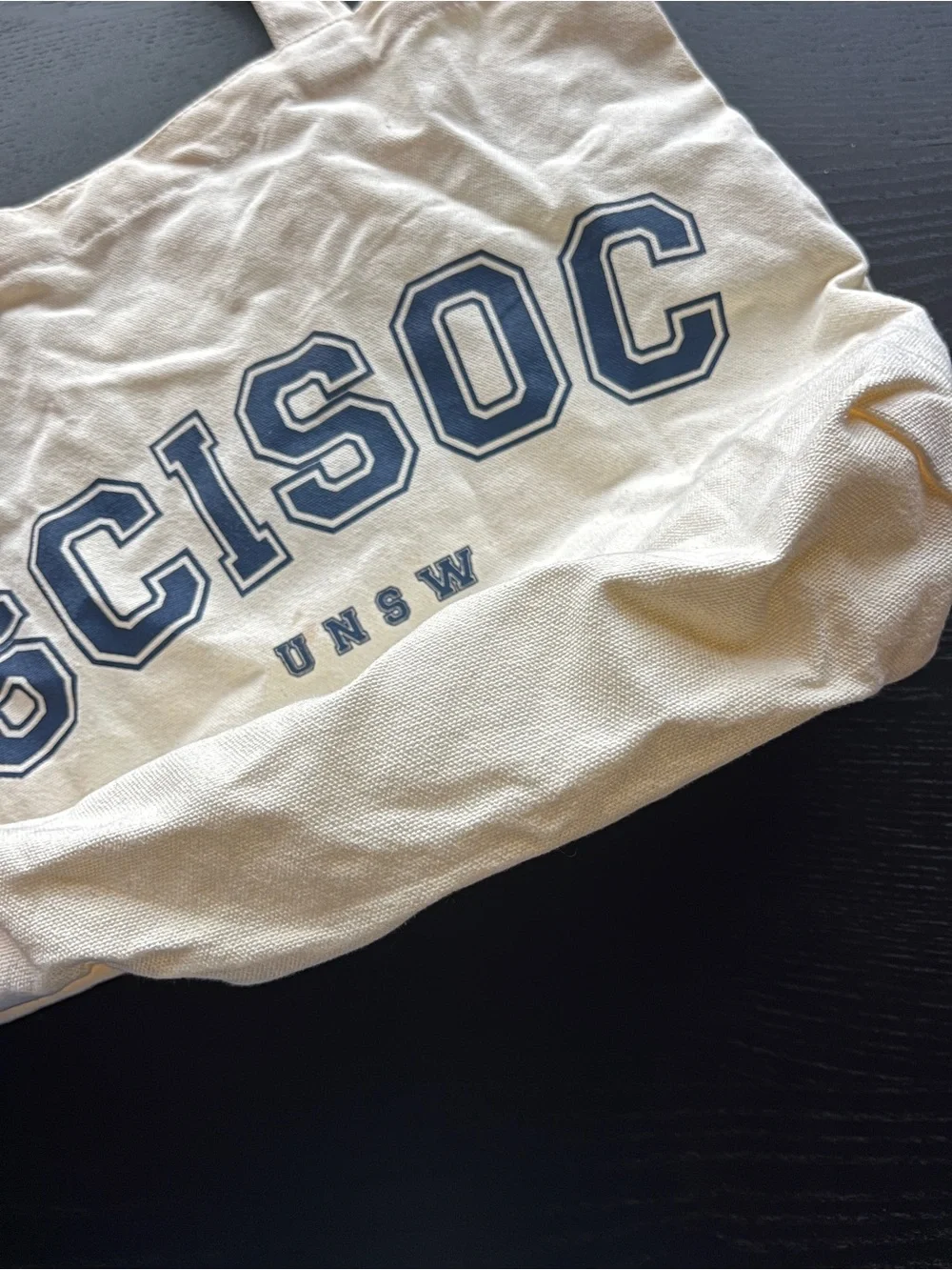UNSW SCISOC Off White Canvas Tote Bag Small Navy Blue Graphic Print Pockets